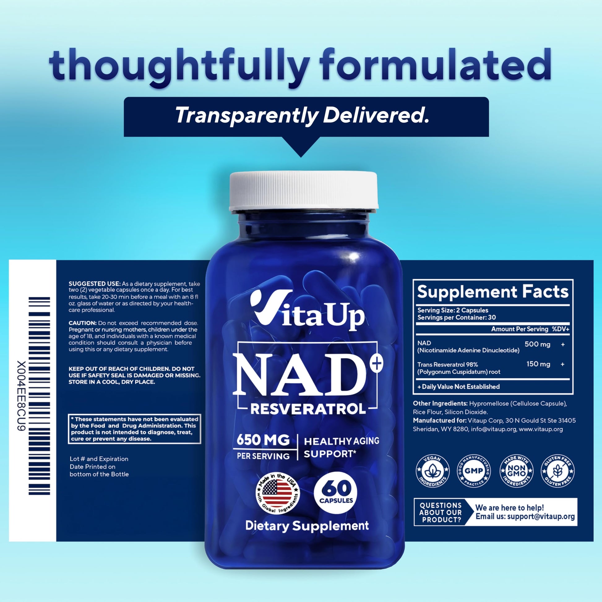 VitaUp NAD+ Resveratrol Supplement - USA Made Trans Resveratrol NAD Supplement 650mg - Nicotinamide Adenine Dinucleotide Capsules for Healthy Aging, Energy & Focus Support - 60 Count VitaUpBuy Supplements Australia