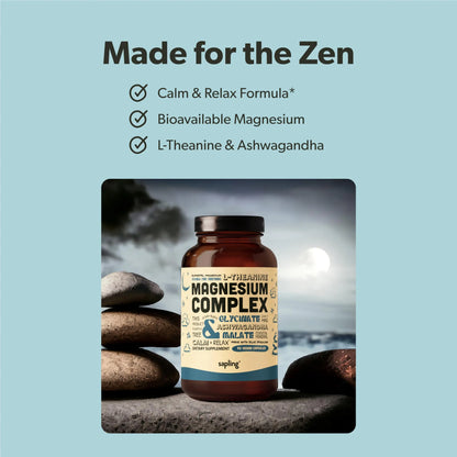 Magnesium Glycinate Complex Supplement - Chelated Magnesium Glycinate with Malate, Organic Ashwagandha, L-theanine & Blue Spirulina - High Absorption, Vegan, Non-GMO, 300mg, 90 Veggie Caps sapling buy supplements Au