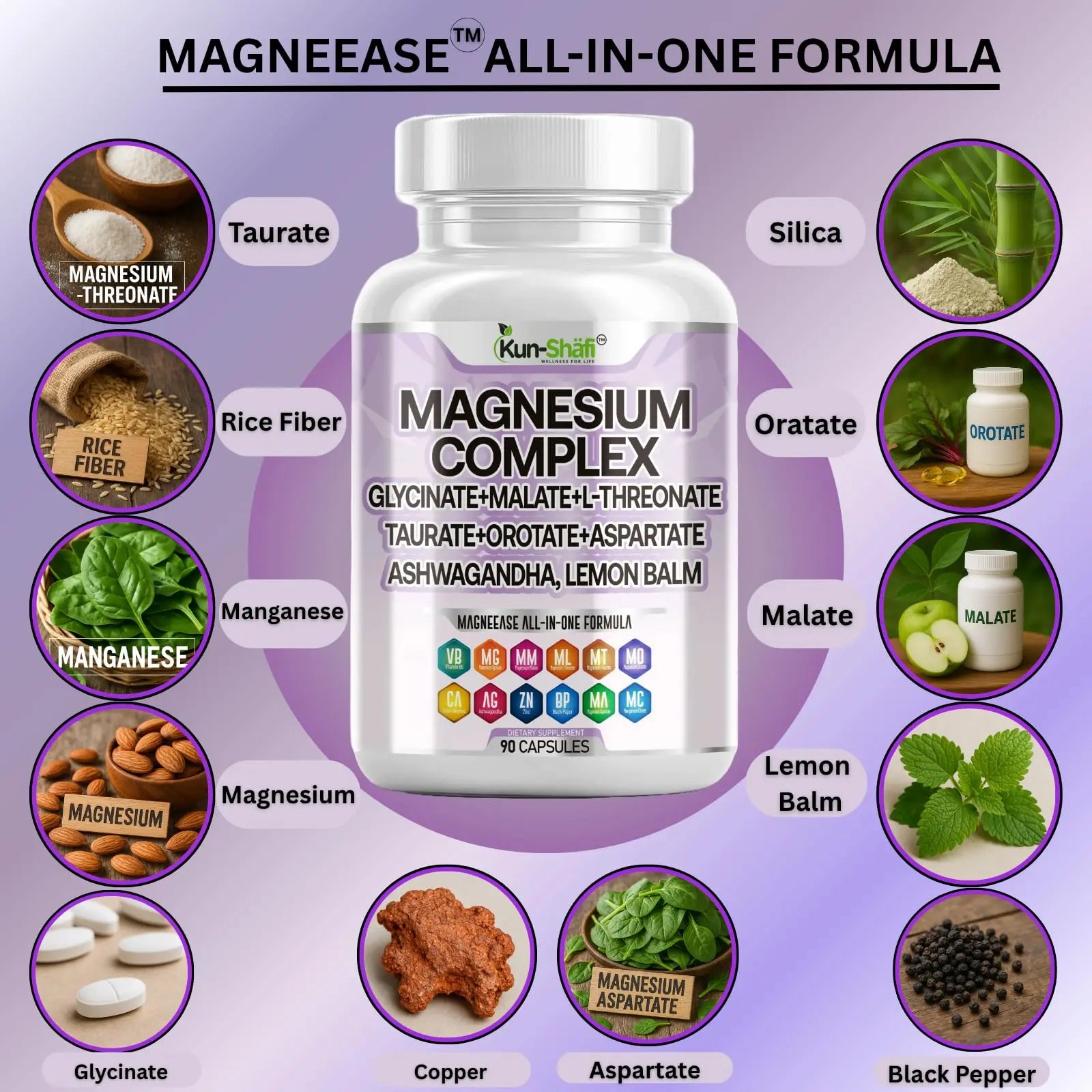 Kun Shafi Magnesium Complex with Magnesium Glycinate Malate, L-Threonate, Taurate, Orotate, Zinc,Aspartate, Copper Manganese & Vitamin D3 B6 Complex - 1Pack Kun Shafi buy supplements Au