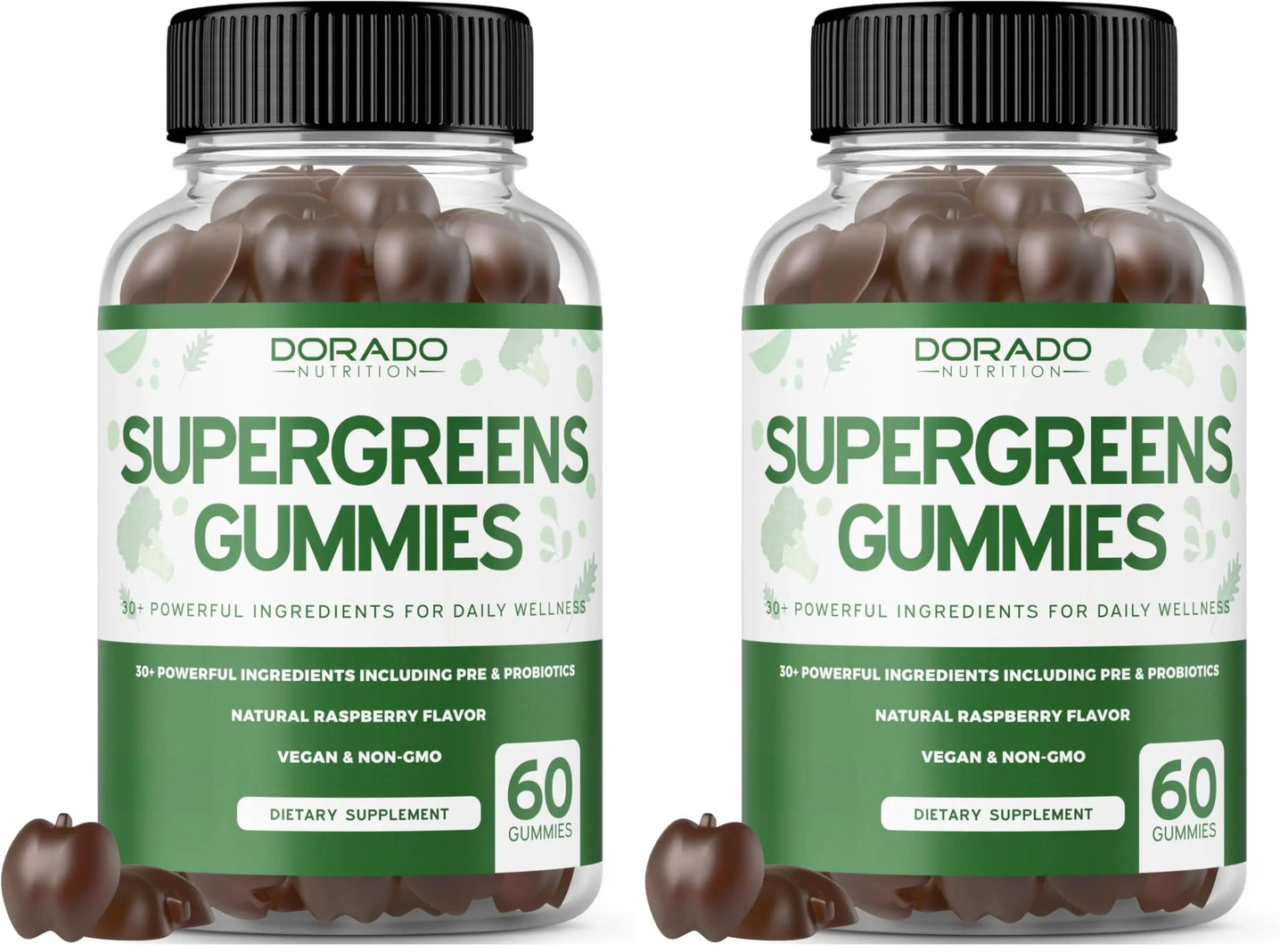 Two bottles of Dorado Naturals Supergreens Gummies on a white background