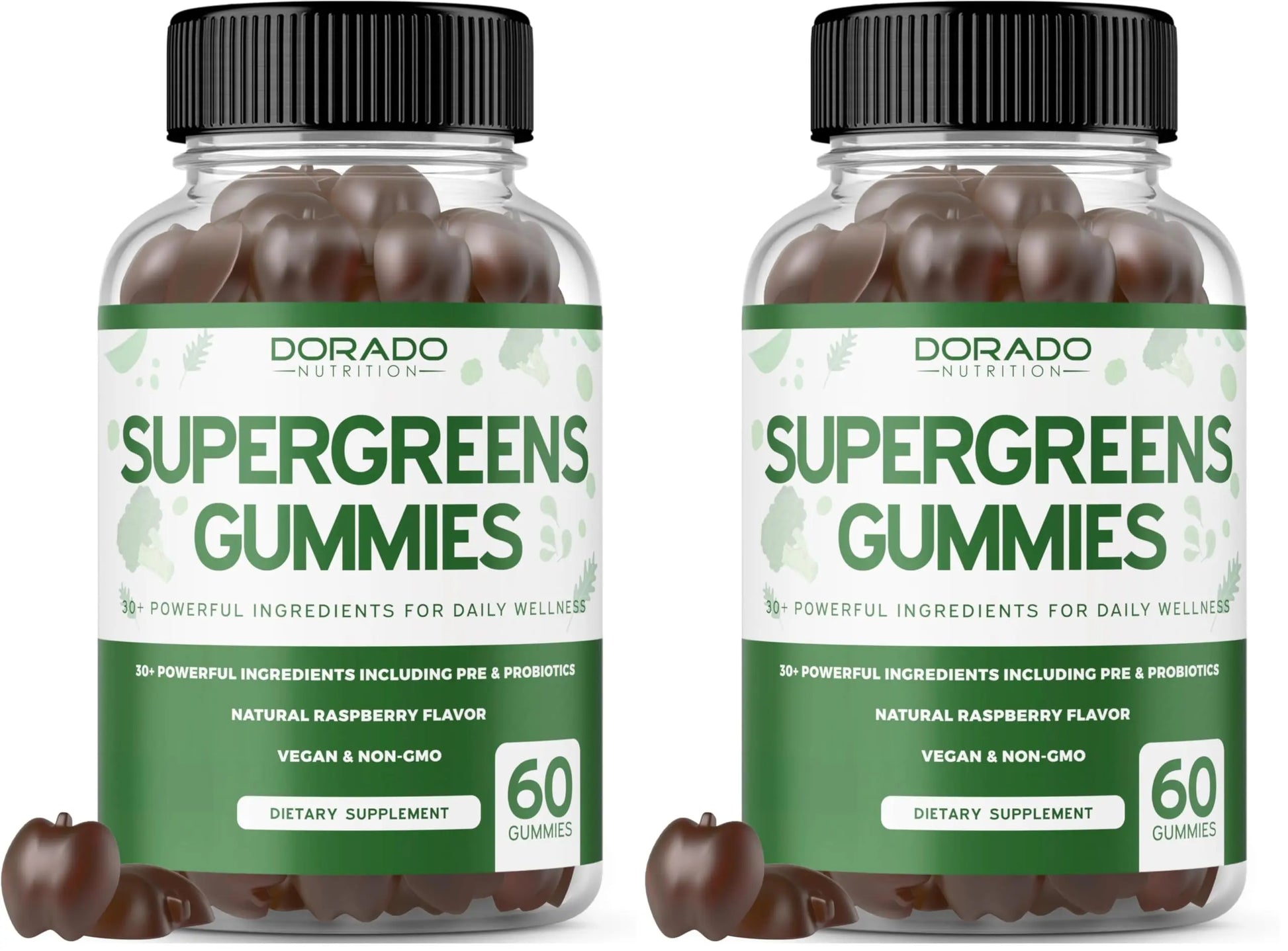 Two bottles of Dorado Naturals Supergreens Gummies on a white background