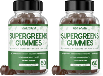 Two bottles of Dorado Naturals Supergreens Gummies on a white background