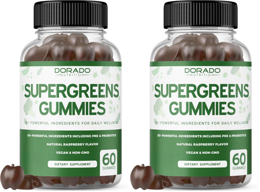 Two bottles of Dorado Naturals Supergreens Gummies on a white background