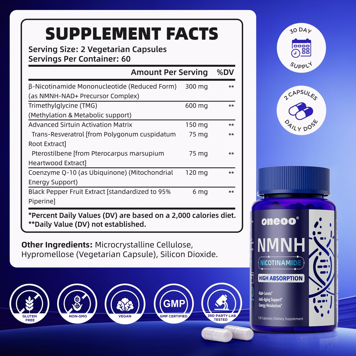 Oneoo NMNH Supplement with NAD Supplement Maximum Potency with Resveratrol & Pterostilbene, CoQ10 & Black Pepper, for Cellular Energy, Anti-Aging Support, Sirtuin Activation & Methylation Support, 120 OneooBuy Supplements Australia