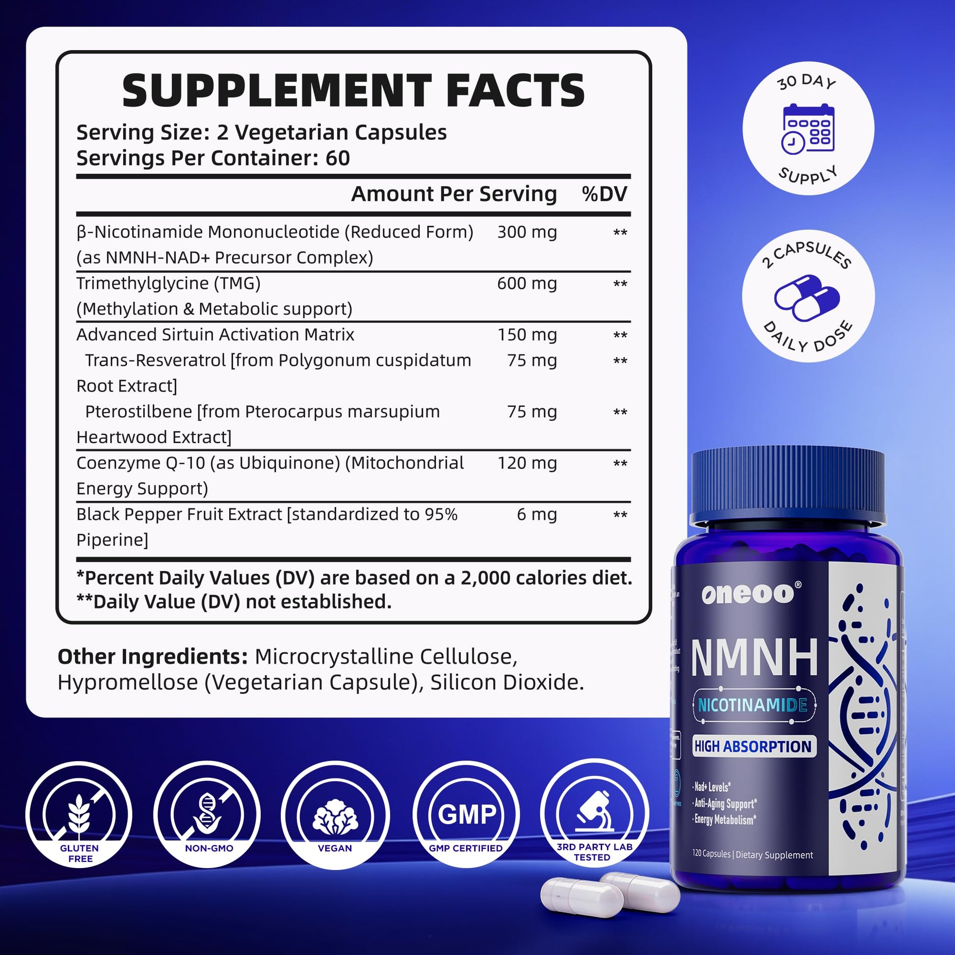 Oneoo NMNH Supplement with NAD Supplement Maximum Potency with Resveratrol & Pterostilbene, CoQ10 & Black Pepper, for Cellular Energy, Anti-Aging Support, Sirtuin Activation & Methylation Support, 120 OneooBuy Supplements Australia