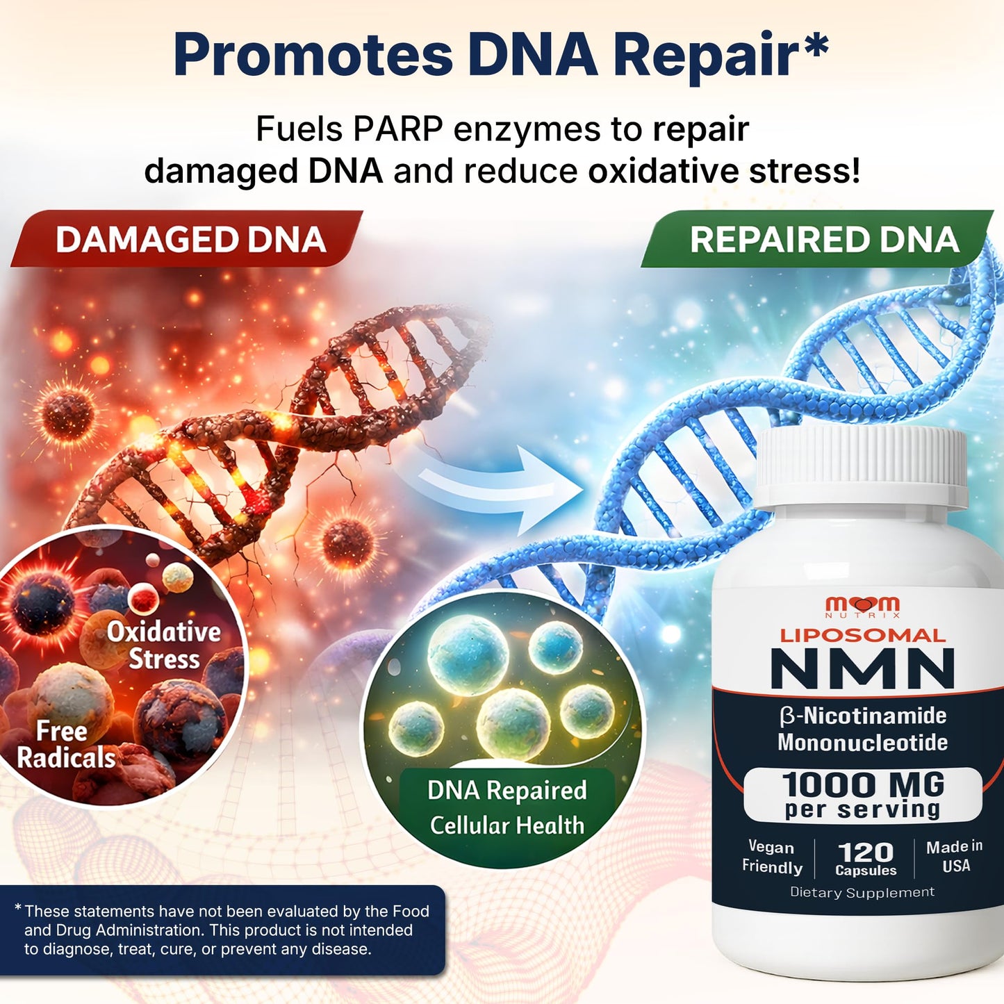NMN Supplement 1000 mg Pure Nicotinamide Mononucleotide - NAD Precursor for Energy, Cellular Renewal & Longevity Support - Mitochondrial Support 120 Capsules - Vegan, Non GMO, Gluten Free MOM NUTRIXBuy Supplements Australia