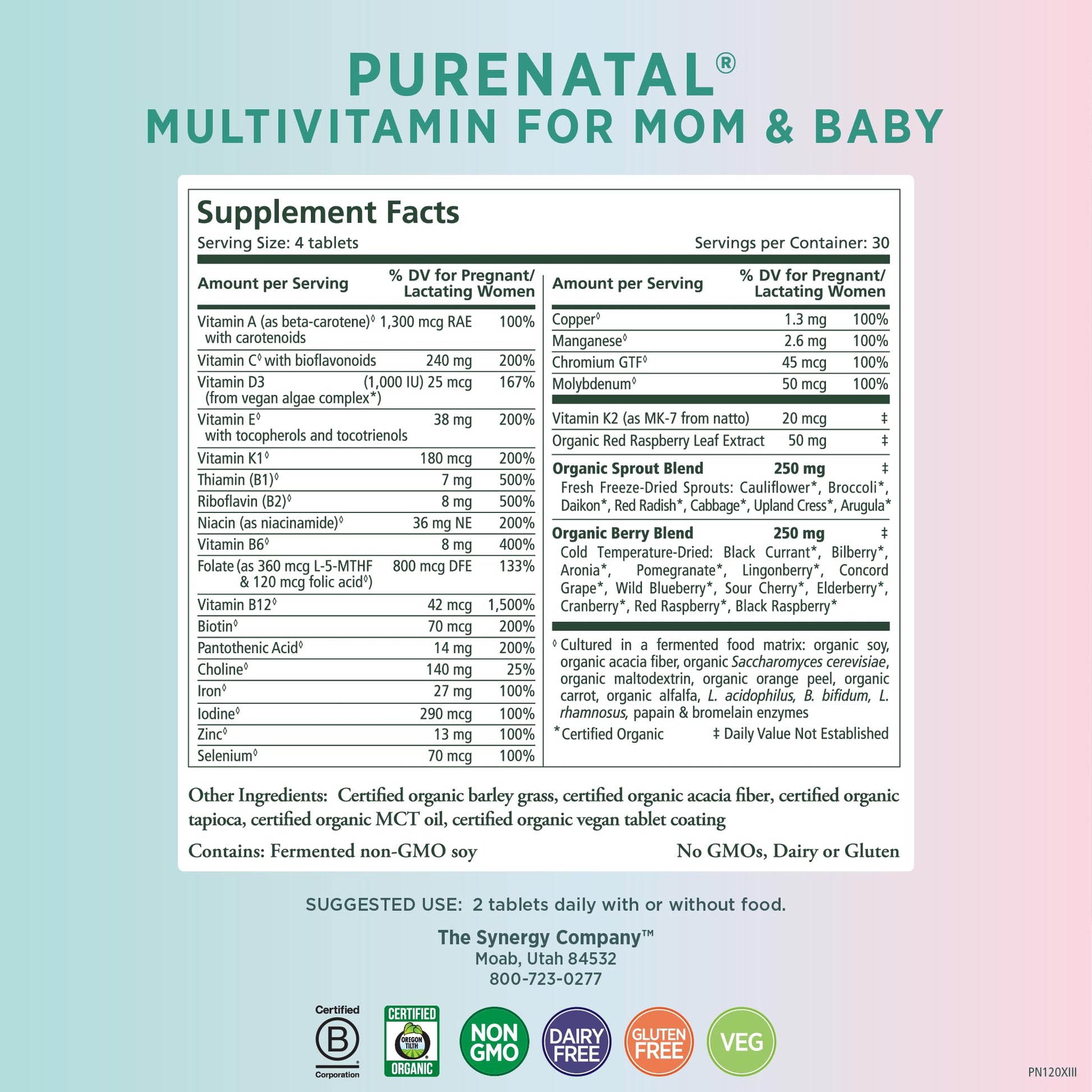 PURE SYNERGY PureNatal Prenatal Vitamins | Vegan Supplement Made with Organic Whole Foods PURE SYNERGY