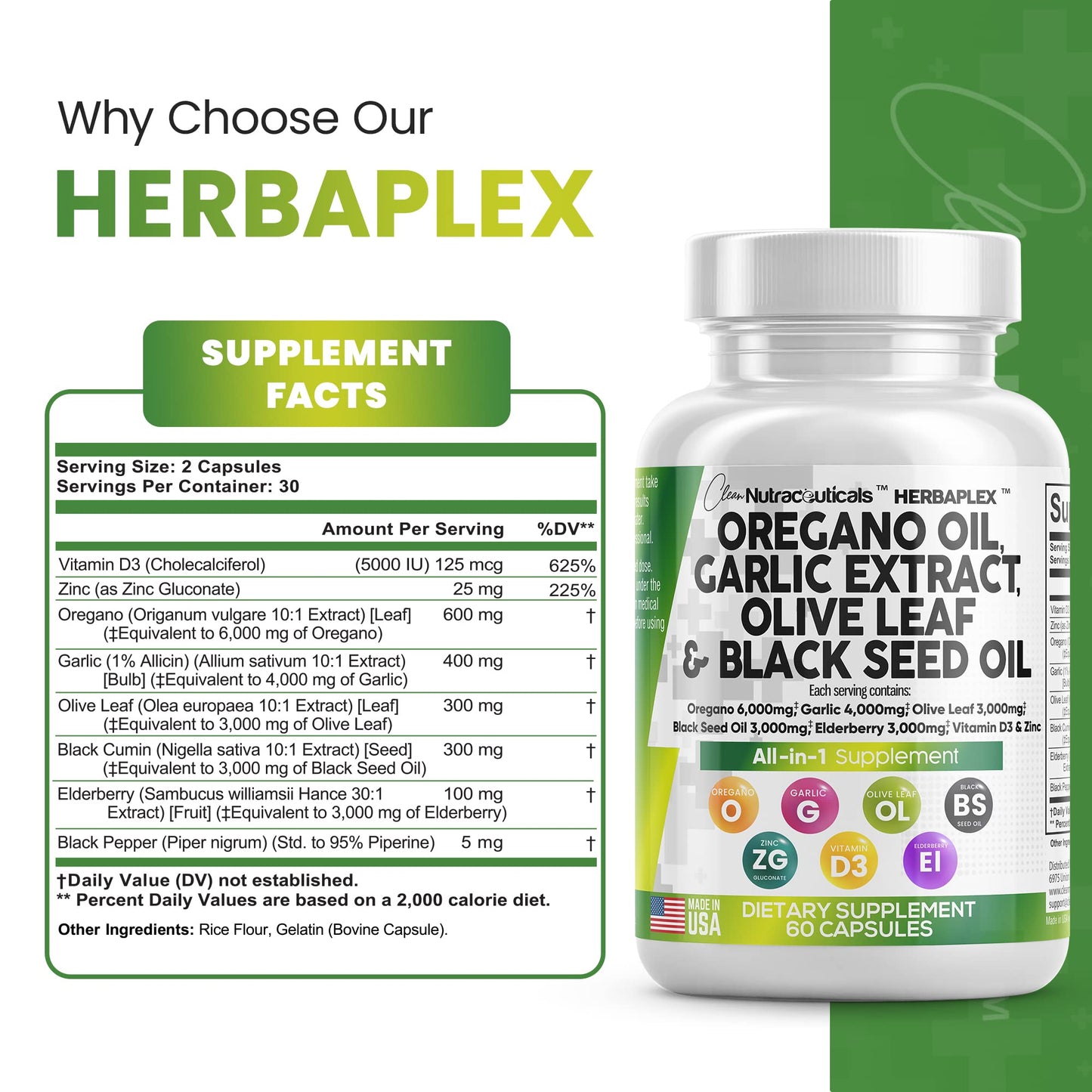 Oregano Oil 6000mg Garlic Extract 4000mg Olive Leaf 3000mg Black Seed