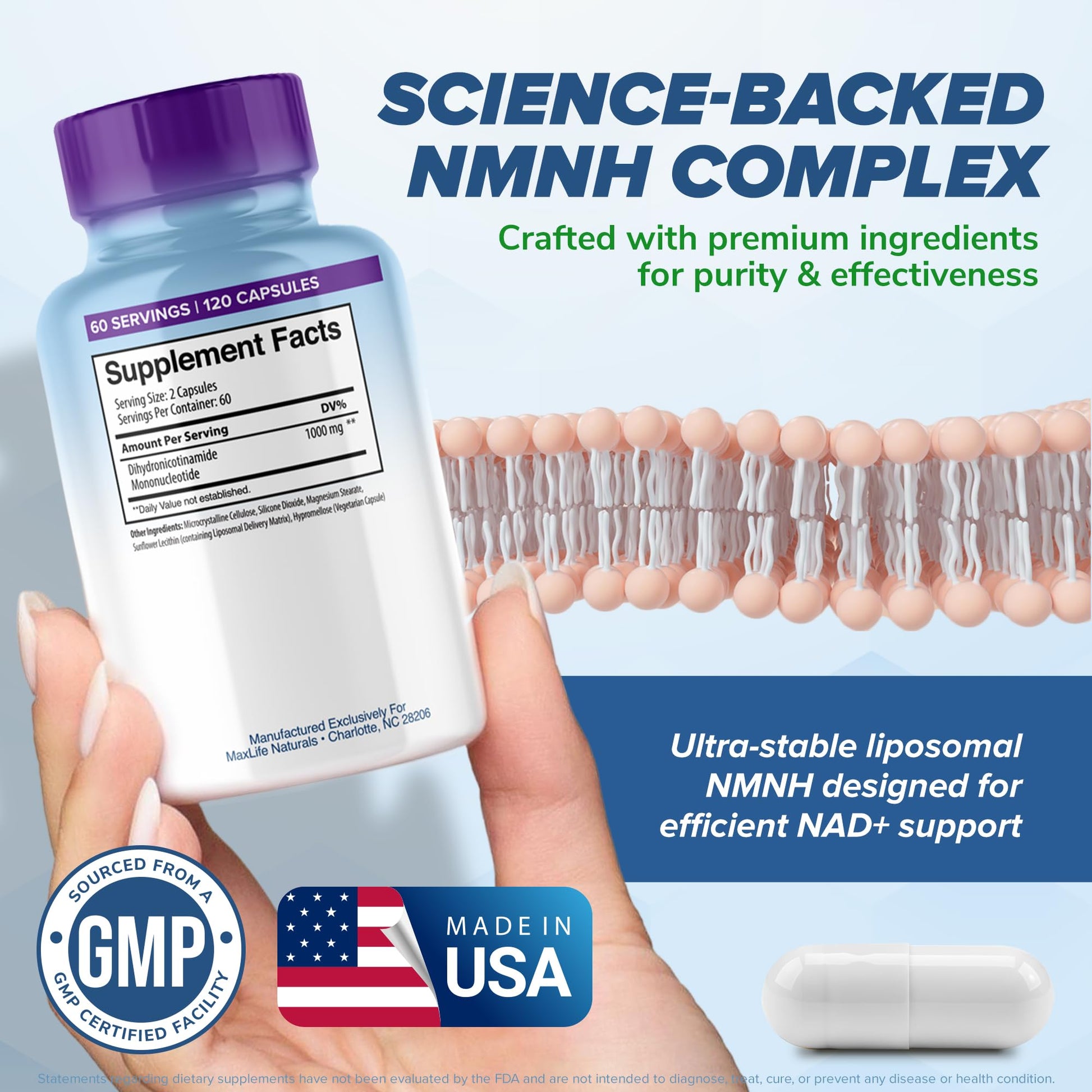 Liposomal NMNH 1000mg - 120 Capsules, Dihydronicotinamide Mononucleotide NAD+ Precursor - Ultra-Absorbable NAD Plus Complex, Liposomal NMN Supplements Capsules for Aging Support & Cellular Energy MAXLIFE NATURALSBuy Supplements Australia