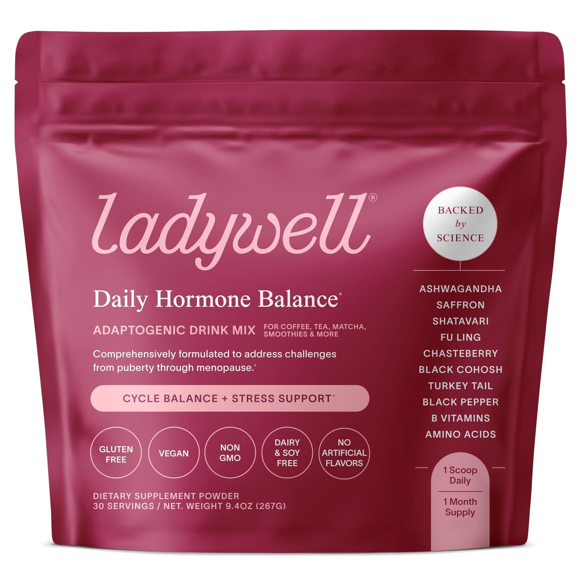 Ladywell Daily Hormone Balance Powder | Natural Cycle Support for Women | Supports Mood, Bloating, Cramps, Skin Health & Cravings with Chasteberry, B Vitamins, Ashwagandha, Saffron + | 30 Servings LadywellBuy Supplements Australia