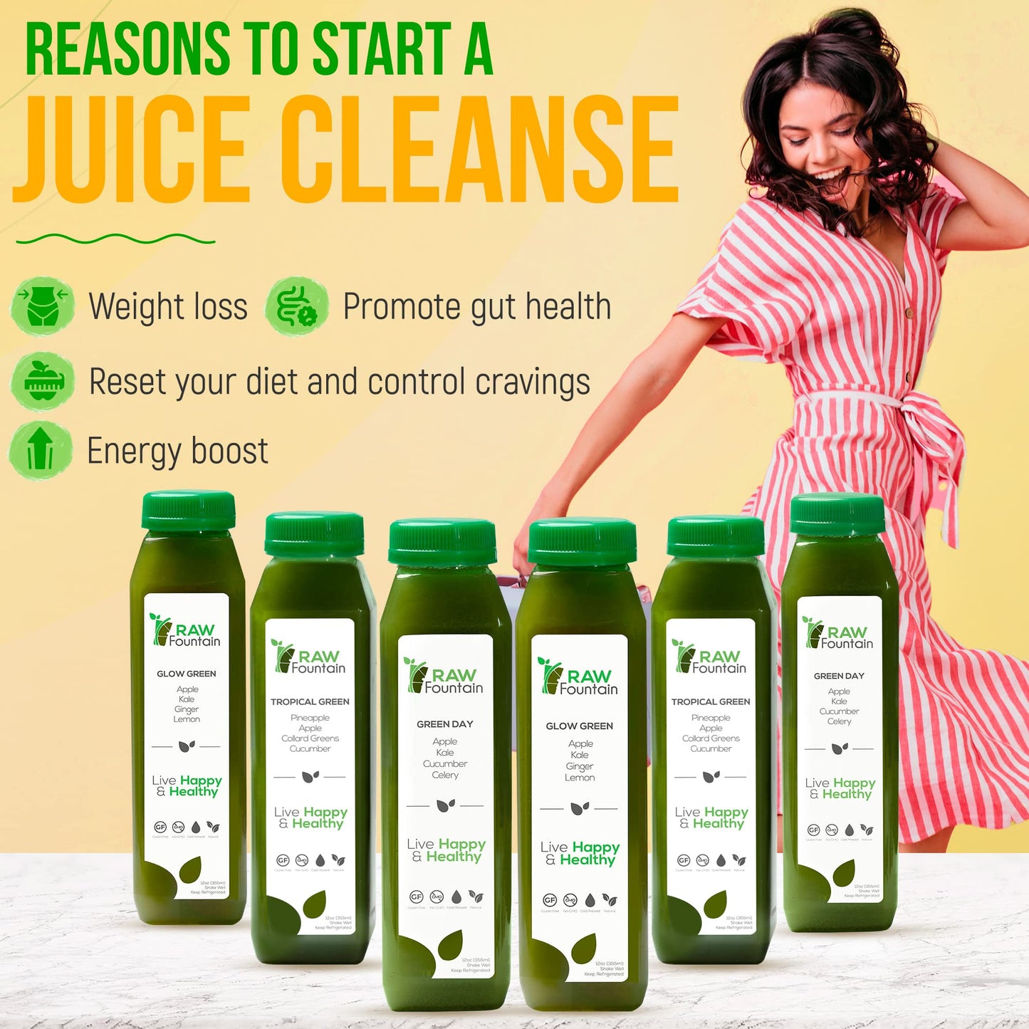 1 Day Green Juice Cleanse by Raw Fountain, All Natural Raw, Vegan Detox, Cold Pressed Raw Fountain
