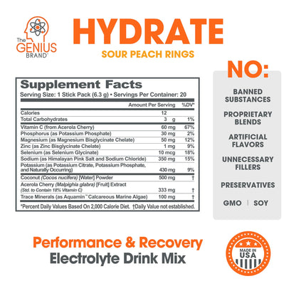 The Genius Brand Genius Hydrate - Electrolyte Supplement for Daily Hydration - Coconut Water - Sugar-Free - 8 Essential Minerals & Nutrients - Non-GMO - Sour Peach Rings - 20 Servings The Genius BrandBuy Supplements Australia