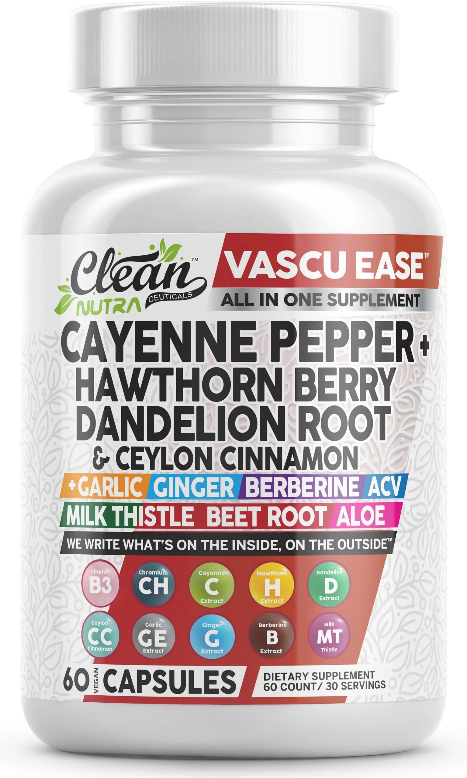 Supplement bottle labeled 'Vascu Ease' with various health benefits listed on a white background.