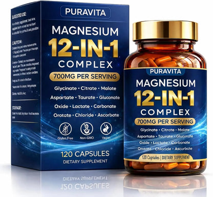 Puravita Magnesium 12-in-1 Complex supplement bottle and packaging on a white background