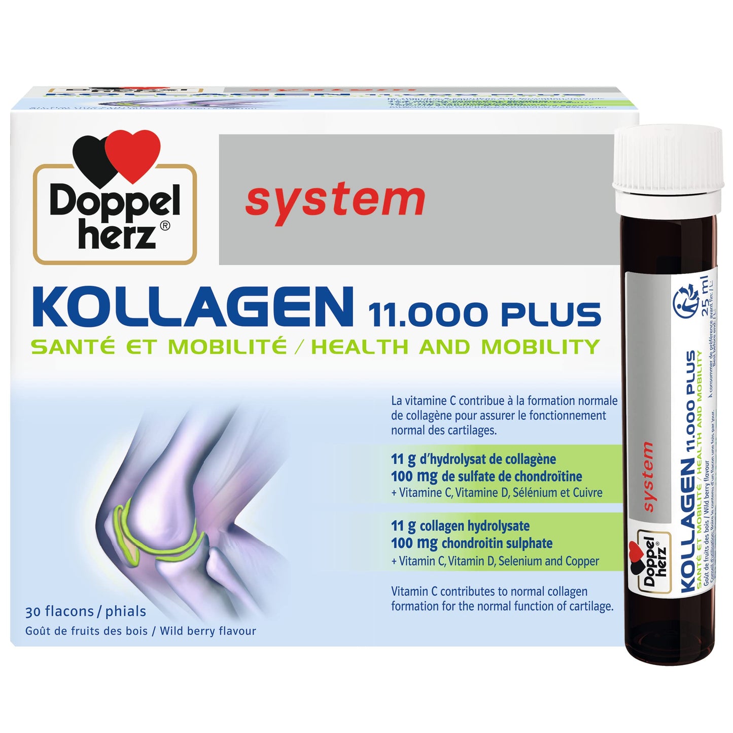Doppelherz - Kollagen 11000 Plus - Collagen hydrolysate, chondroitin Sulphate, Vitamins C and D and Trace Elements - for Bones, cartilages and tendons - Wild Berry Flavour Liquid- 30 Bottles of 25ml DoppelherzBuy Supplements Australia