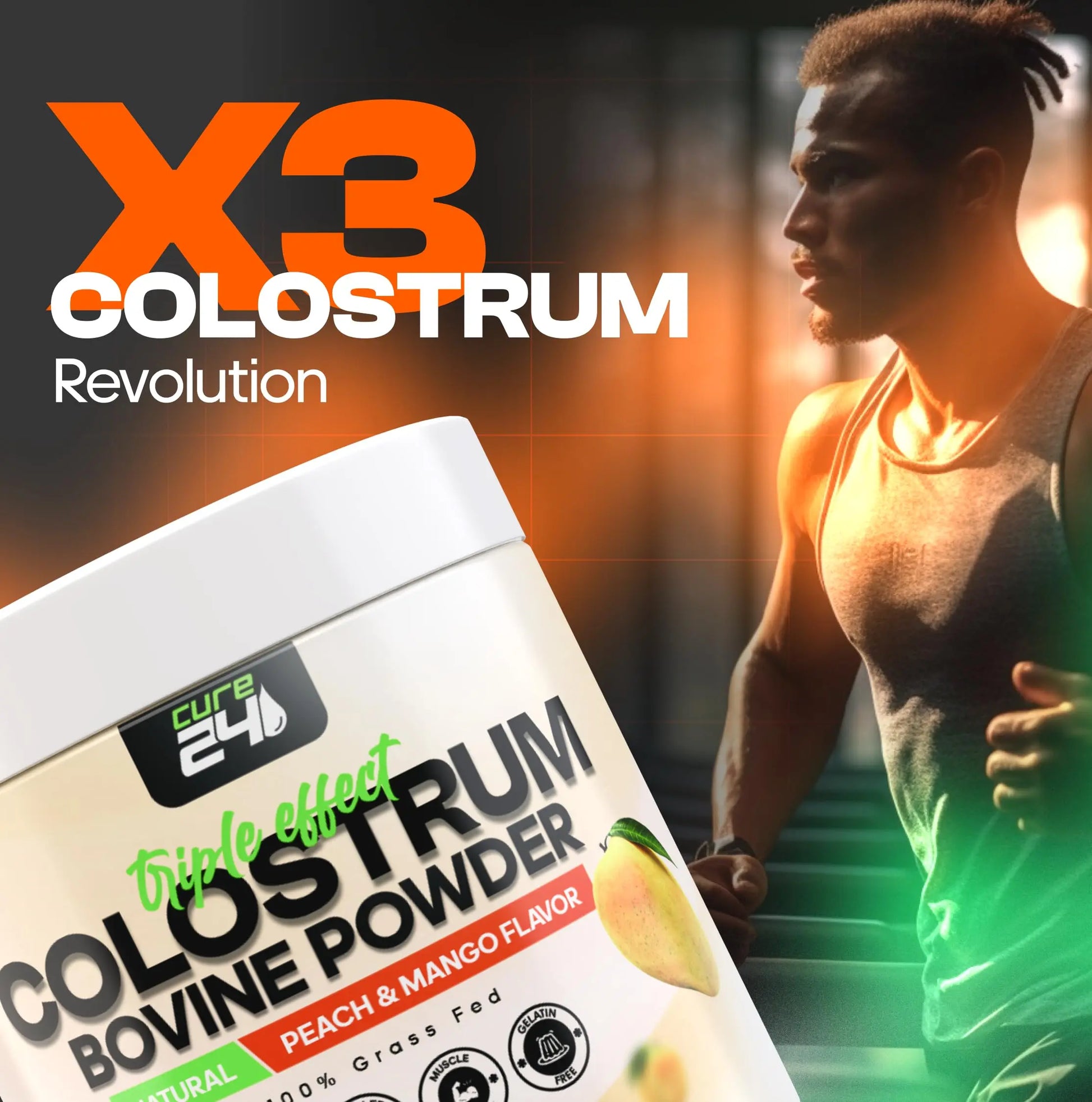 Cure24 Bovine X3 Colostrum Supplement Powder for Humans, 100% Pure Whole Natural Grass Fed Superfood, High IgG, Plus Probiotic & Prebiotic, Natural Peach-Mango Flavor, Made in USA Cure24 buy supplements Au