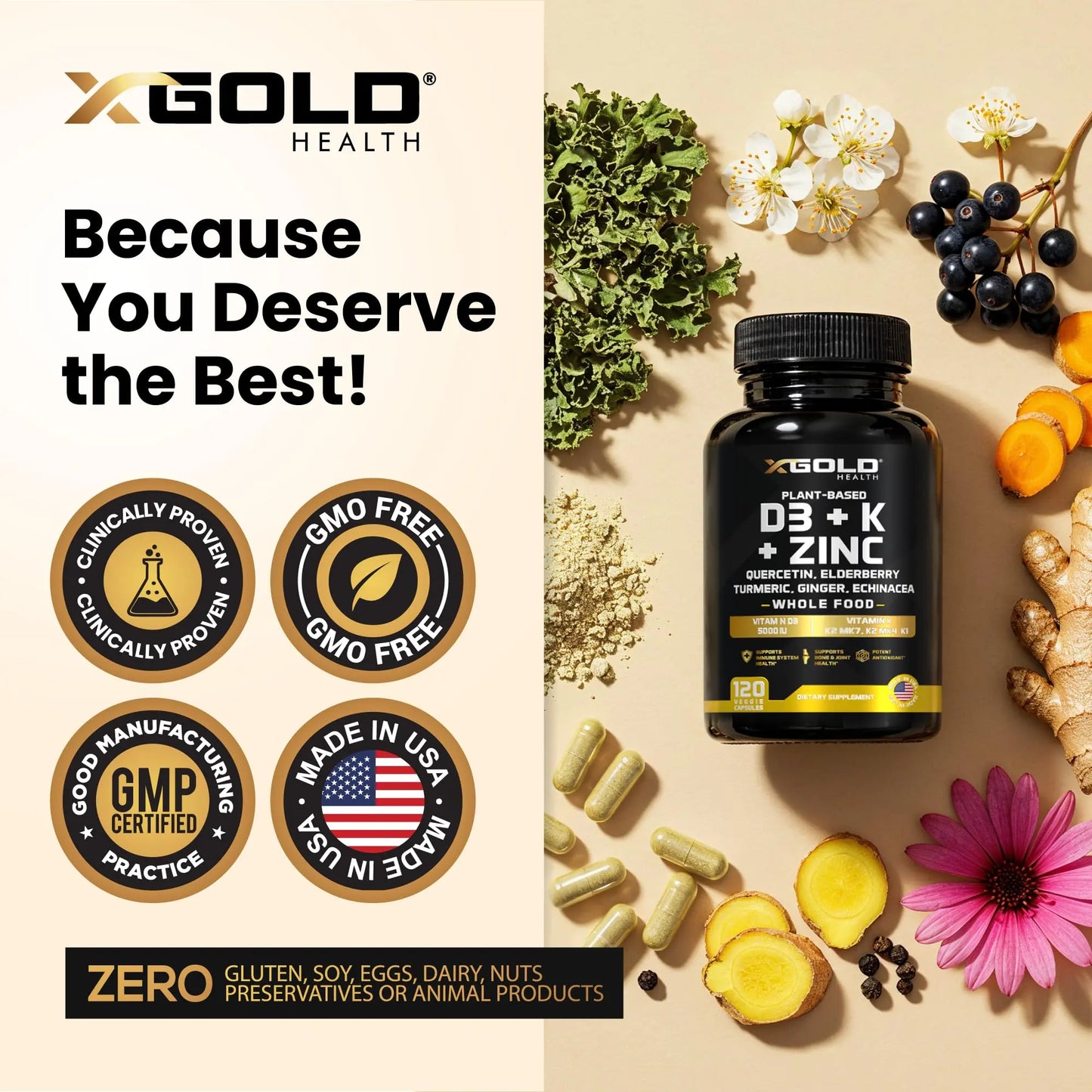 Vitamin D, K2, K1, Zinc, Quercetin, Elderberry, Turmeric, Ginger & Echinacea Whole Food Supplement 8 in 1- D3 5000 IU Plant-Based from Lichen, Vitamin K (K2 MK7, MK4, K1) X Gold Health