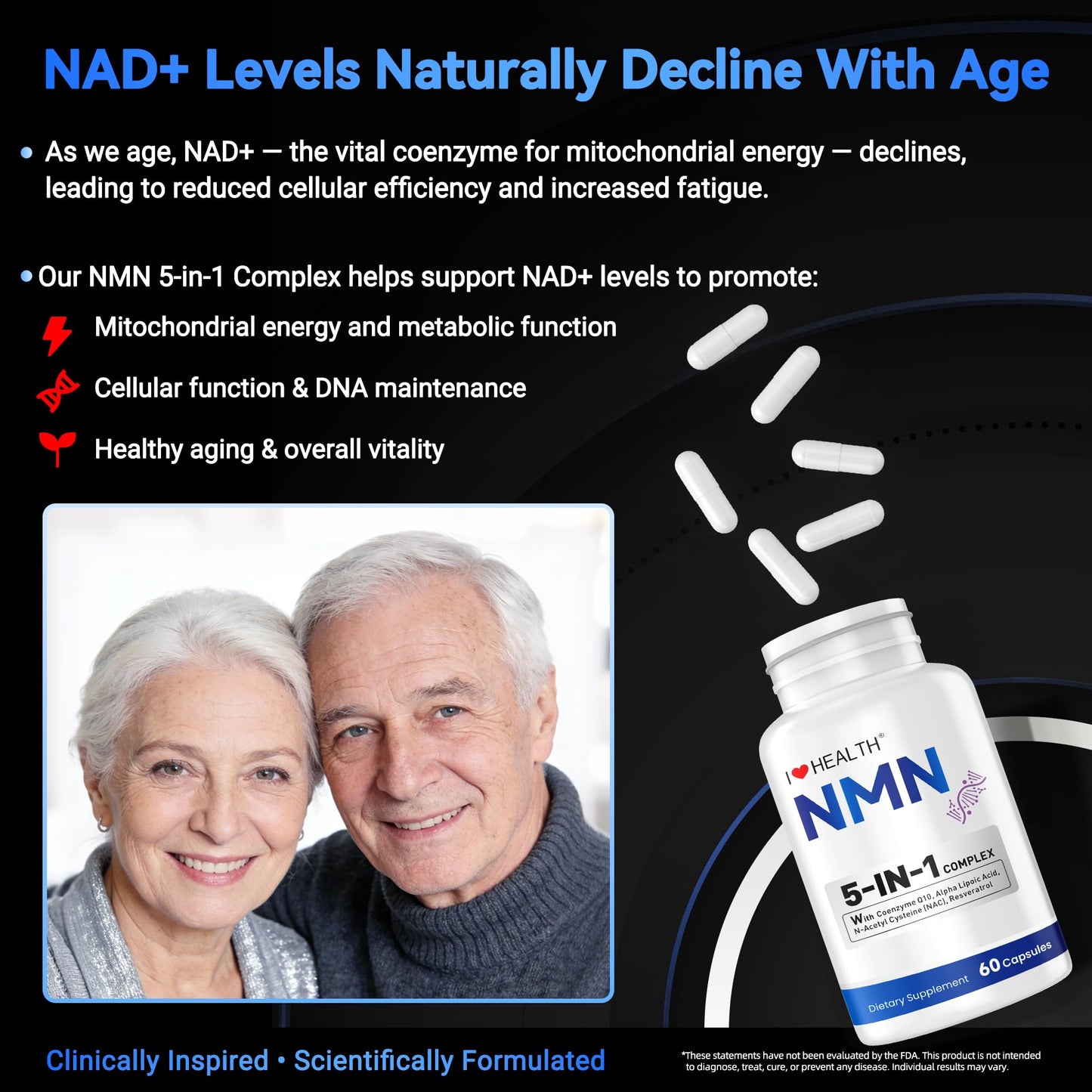 I LOVE HEALTH NMN Supplement, 5-in-1 Complex with NAC, Alpha Lipoic Acid, CoQ10 & Resveratrol - High Absorption Anti Aging Formula - Third Party Tested, cGMP, Gluten Free - 60 Capsules I LOVE HEALTHBuy Supplements Australia