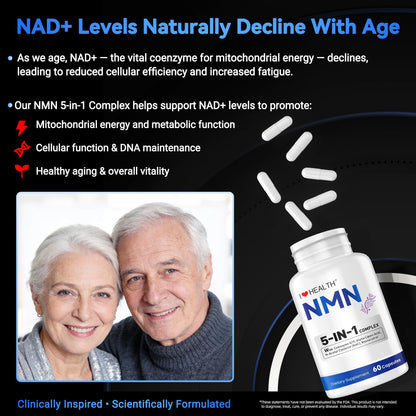 I LOVE HEALTH NMN Supplement, 5-in-1 Complex with NAC, Alpha Lipoic Acid, CoQ10 & Resveratrol - High Absorption Anti Aging Formula - Third Party Tested, cGMP, Gluten Free - 60 Capsules I LOVE HEALTHBuy Supplements Australia