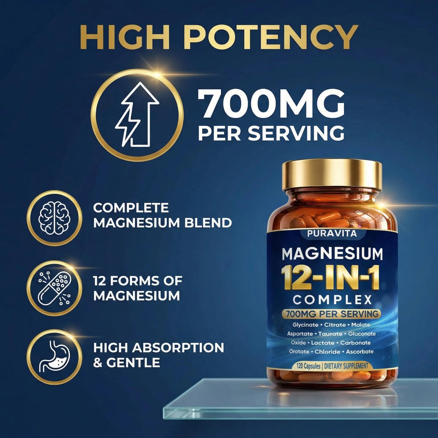 Puravita 12 in 1 Magnesium Complex Capsules - 700mg High Absorption Blend with Glycinate, Citrate, Malate, Oxide & Taurate. Supports Muscle Function, Nerve Health & Relaxation - 120 Capsules (1) PURAVITA buy supplements Au