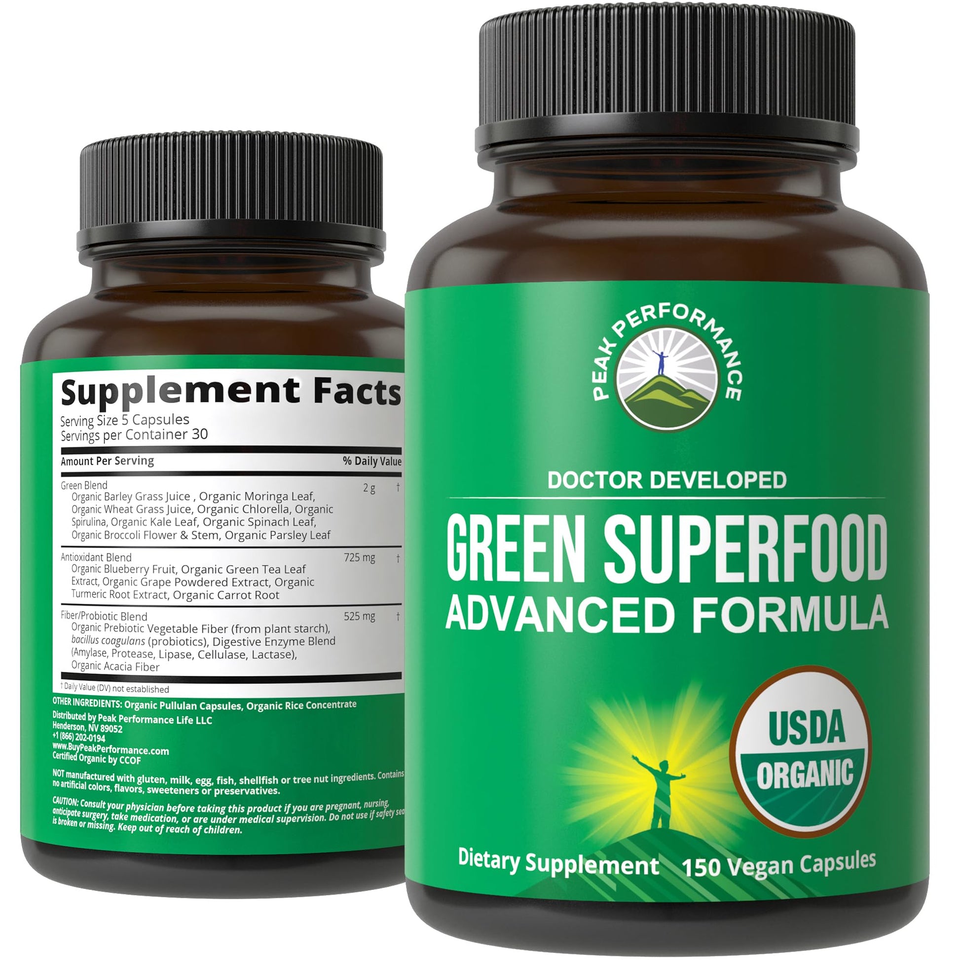 Organic Super Greens 150 Capsules - Green Juice Superfood Supplement with 25 All Natural Organic Ingredients. Max Energy and Detox Super Food Pills with Spirulina, Spinach, Kale, Turmeric, Probiotics Peak PerformanceBuy Supplements Australia