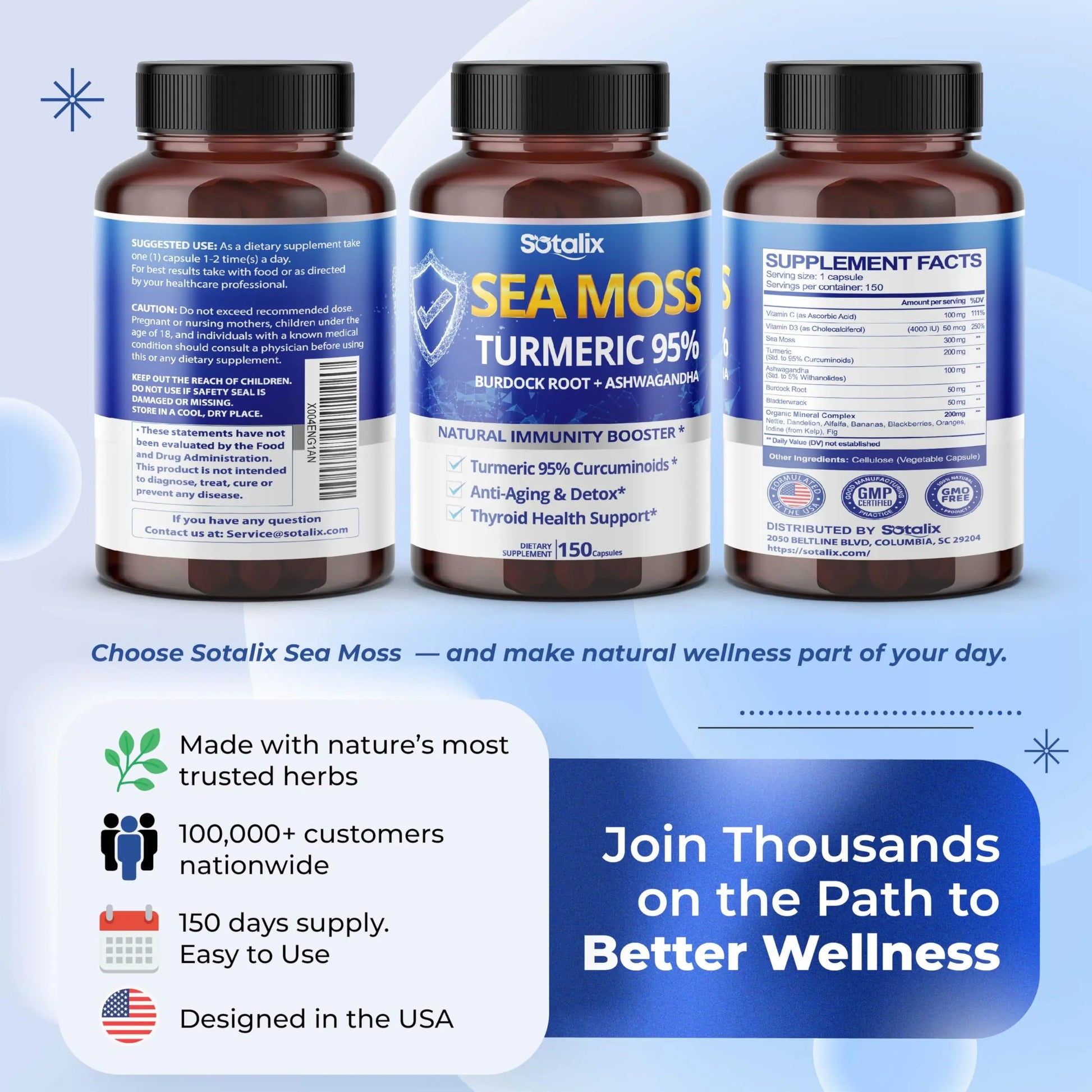 Sotalix Sea Moss Capsule with Ashwagandha, Burdock Root, Bladderwrack, Turmeric - Powerful Natural Immunity Booster (150 Count (Pack of 1)) SOTALIX SUPPLEMENT buy supplements Au