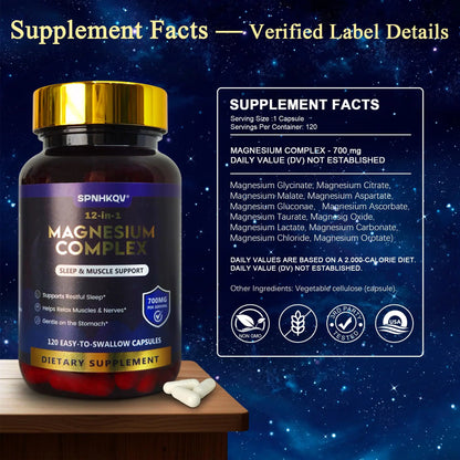 SPNHKQV Magnesium 12-in-1 Complex Supplement – 700mg High Absorption Magnesium Glycinate Capsules for Women & Men – Muscle, Nerve & Sleep Support – 120 Vegan Capsules SPNHKOV buy supplements Au