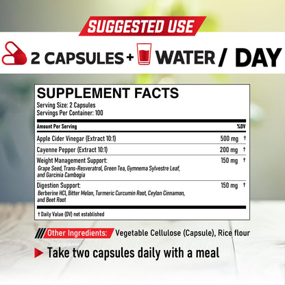 12in1 Apple Cider Vinegar Supplements - 200 Capsules with Cayenne Pepper, Grape Seed DEDICAD