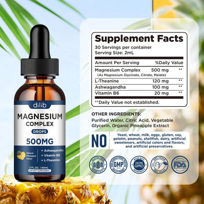 Triple Magnesium Complex Supplement-Magnesium Glycinate, Citrate, Malate Liquid Drops 500mg with Ashwagandha, L-Theanine, Vitamin B6 for Calm, Stress Relief, Sleep, Muscle Support-Pineapple Flavor dilib buy supplements Au