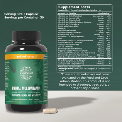 Primal Harvest Primal Multivitamin - Daily Multi-Vitamin Supplement with 21 Essential Vitamins & Minerals for Women & Men - Vitamin A, C, D, E, B12, B6