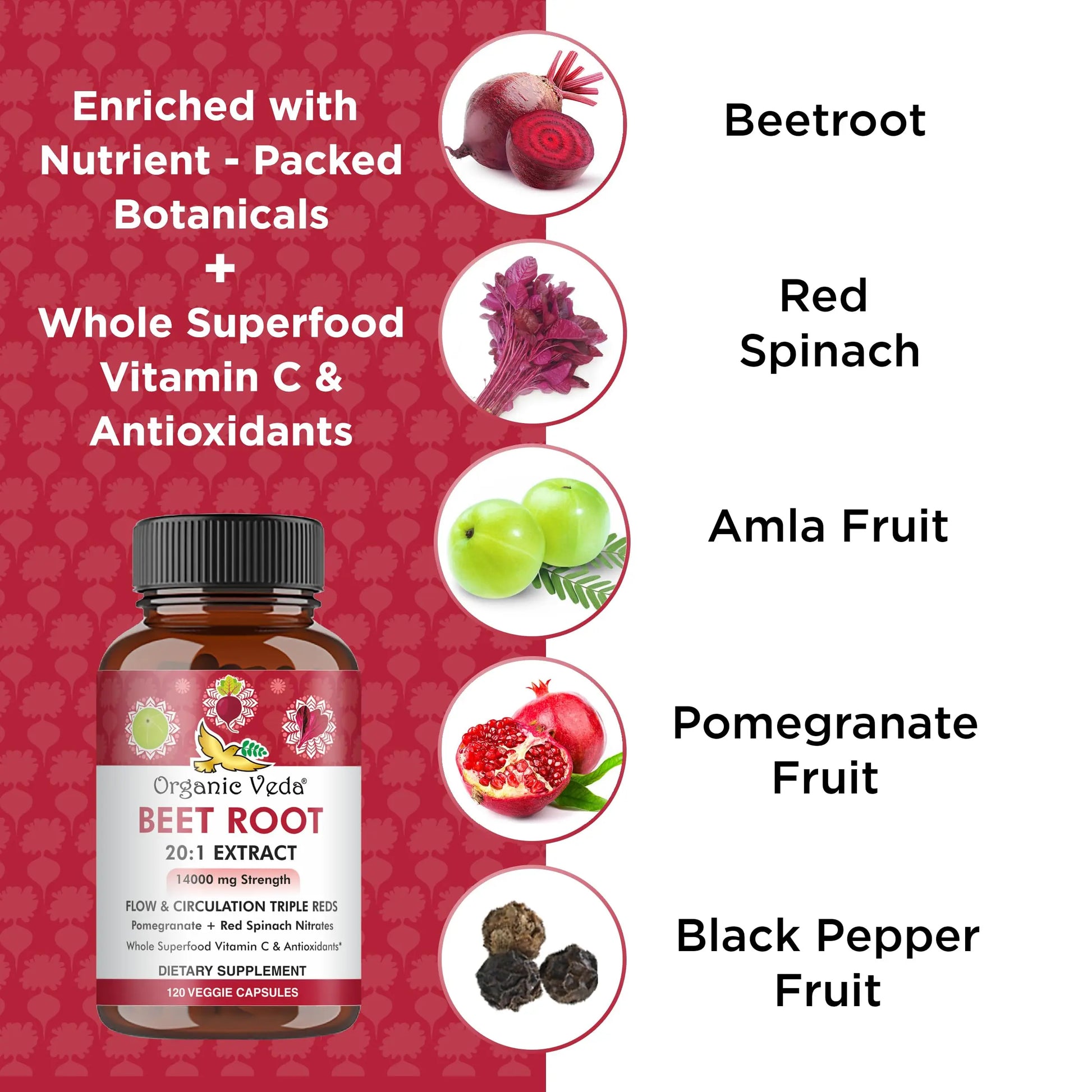 Organic Veda Beet Root Capsules - Triple Reds Nitric Oxide Beets Supplements - Concentrated Organic Veda