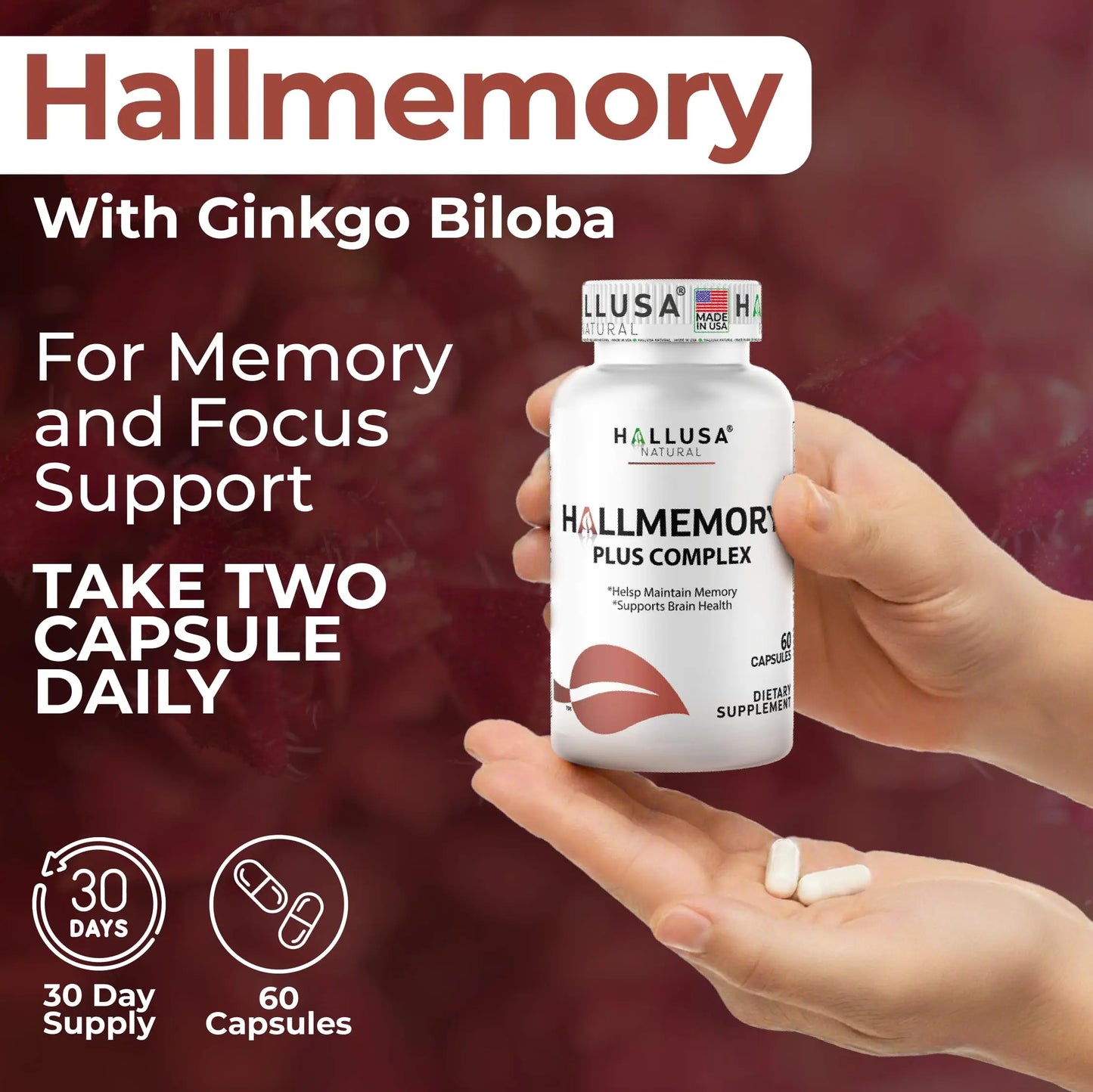 Hallusa Natural Brain Health Supplement Capsules 1680mg, Ginkgo Biloba, B Vitamins & Choline, Memory & Focus Support, Brain Booster for Men & Women, 60 Count Hallusa Natural buy supplements Au