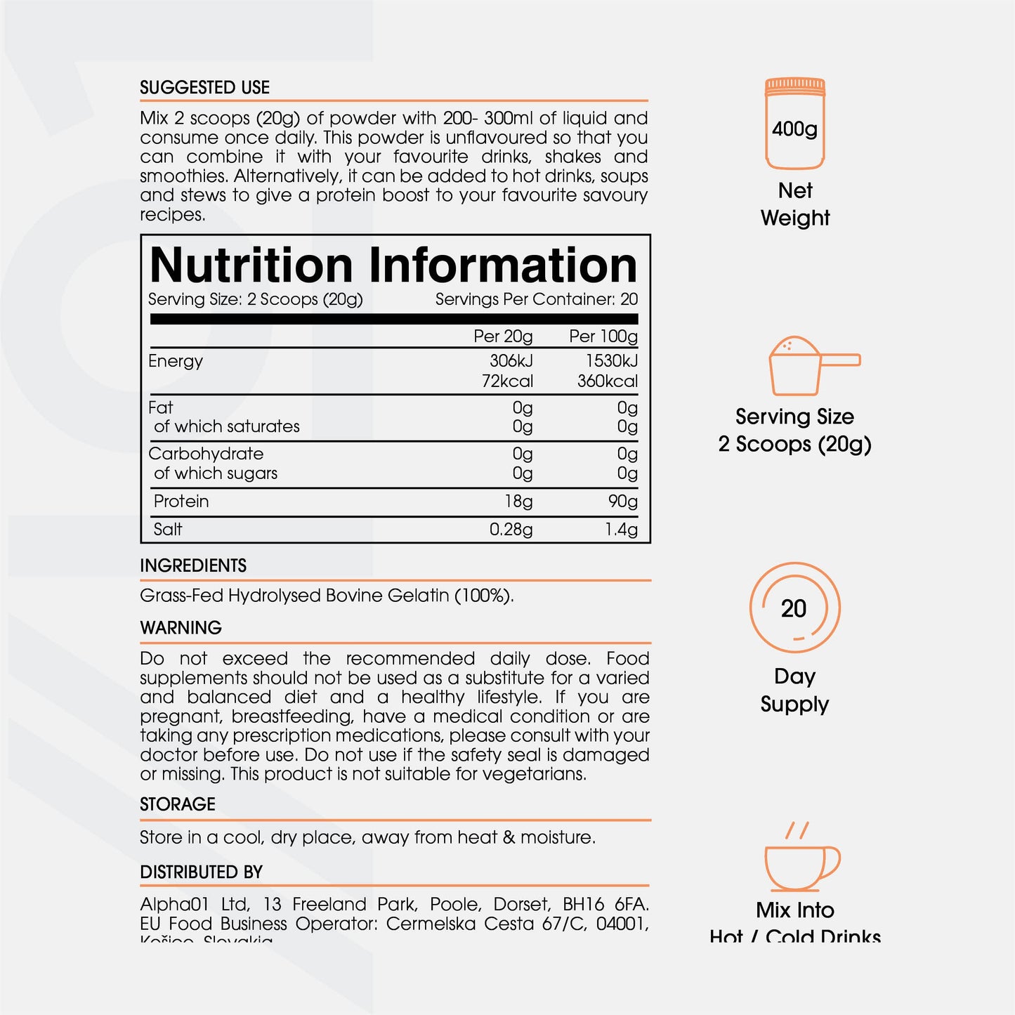Bone Broth Beef Protein Powder - 400g - Unflavoured - 100% Grass-Fed & Pasture Raised Beef ALPHA01Buy Supplements Australia