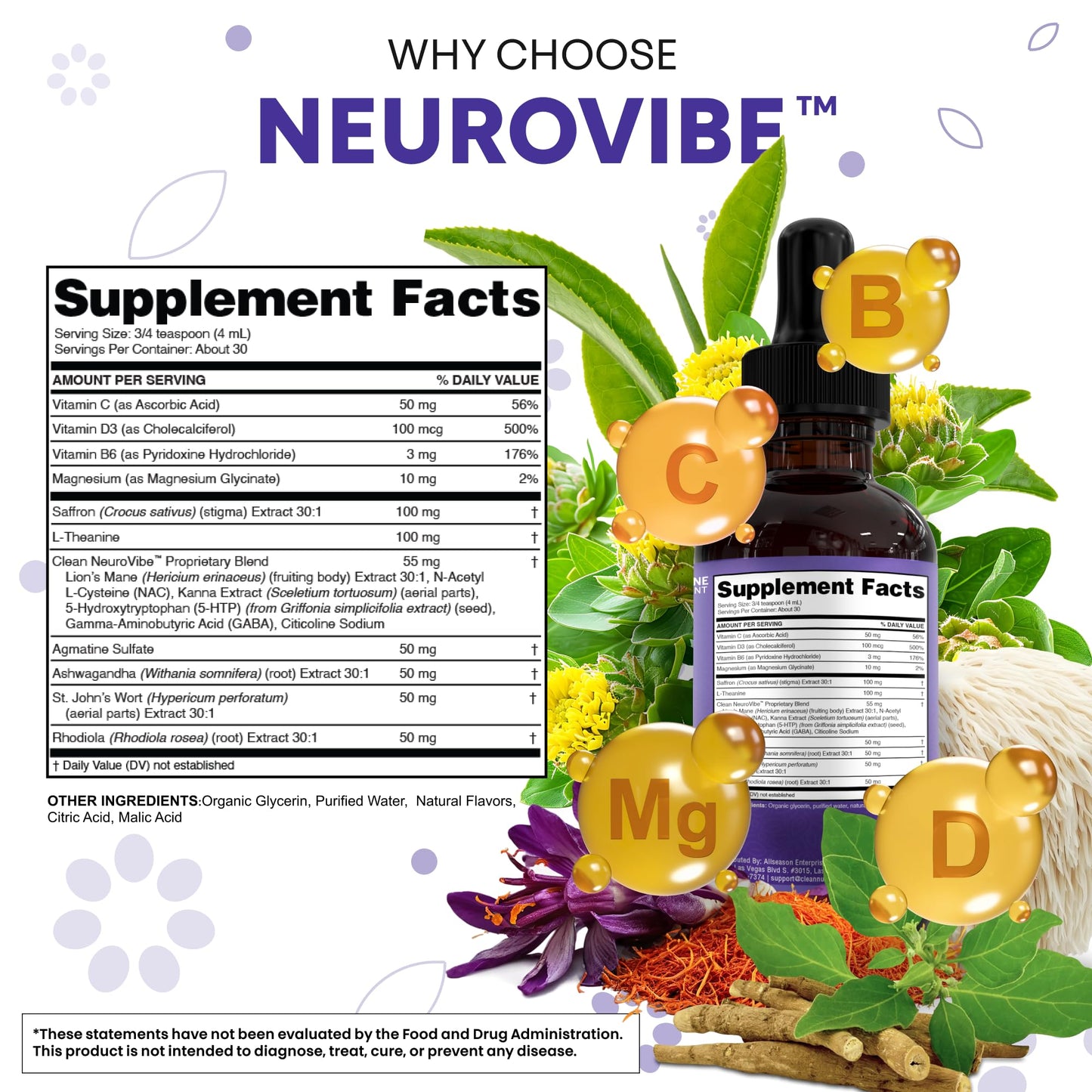 Saffron Supplements Liquid Drops L-Theanine Agmatine Sulfate Ashwagandha Magnesium Glycinate B6 Magnesium Stress Relief Mood Support 5-HTP GABA Supplement Vitamin D 4oz by Clean Nutra Clean Nutraceuticals buy supplements Au