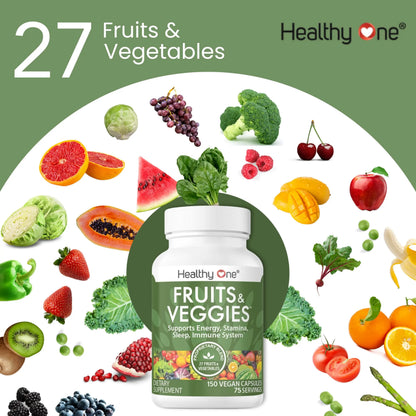 Fruits & Veggies Formula - 27 Premium Whole Foods - Organic Ingredients - Equals 3 Servings of Fruits & Vegetables - Improve Energy, Focus & Immune Function - Fiber - Antioxidants - 120ct (60 Serv) Healthy One buy supplements Au