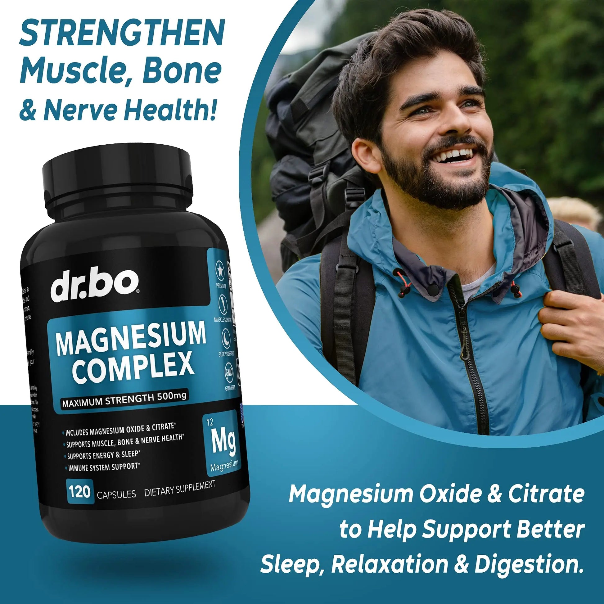 Magnesium Complex Supplement Capsules 500mg - Support Energy, Relaxation, Leg Cramps & Legs - Help Aid Muscle Support Supplements - High Absorption Premium Mag Citrate Oxide - 120 Capsules DR. BO buy supplements Au