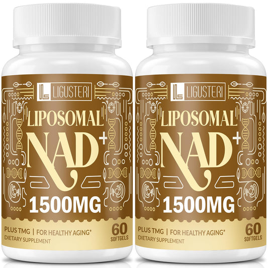 Two bottles of Ligusteri Liposomal NAD+ 1500MG dietary supplements on a white background.