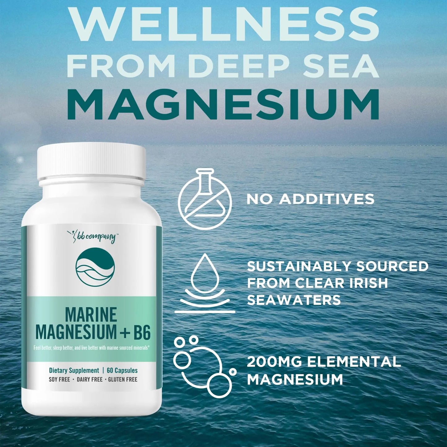 Ocean Magnesium 200mg Aquamin | More Soluble Than Magnesium Glycinate | Whole Food Mag B6 Supplement for Women | Gentle on Stomach & Vegan | Sleep Support, Calms Nerves & Leg Cramps | 60 Ct BB Company buy supplements Au