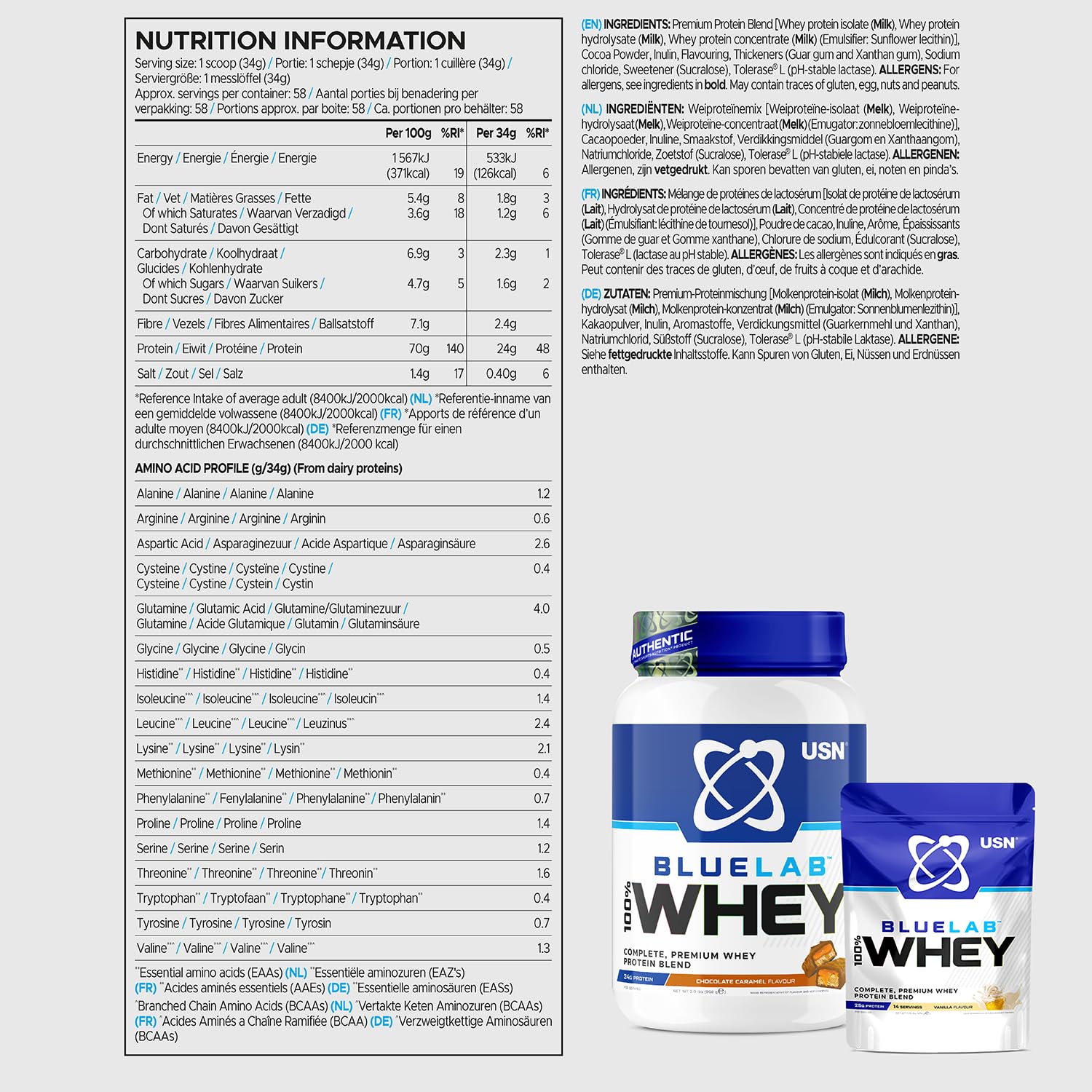 USN Blue Lab Whey Protein Powder: Chocolate Caramel - Whey Protein 908g USNBuy Supplements Australia