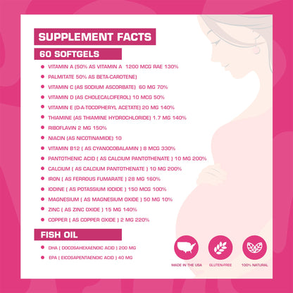 Pregnaforte Prenatal Multivitamin 60 days: Folic acid, Omega-3 DHA/EPA, Vitamins A, B6, B12, C, D3, E Spark Nutrition