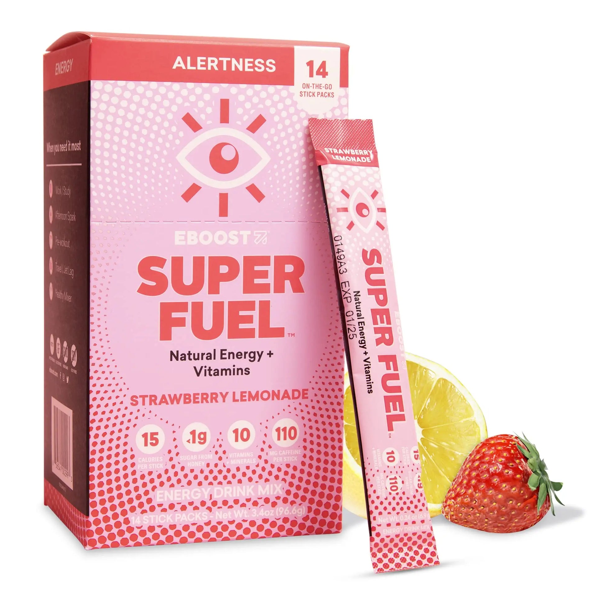 EBOOST Energy Drink Powder, Super Fuel - Strawberry Lemonade, 14 Packets - Pre-Workout EBOOST