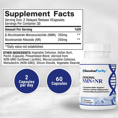 GenuinePurity - Liposomal NMN + NR Supplement - 60 Vegan Capsules to Support Cellular Health, Energy & NAD+ Levels - USA Made, Non-GMO, Gluten Free GenuinePurityBuy Supplements Australia
