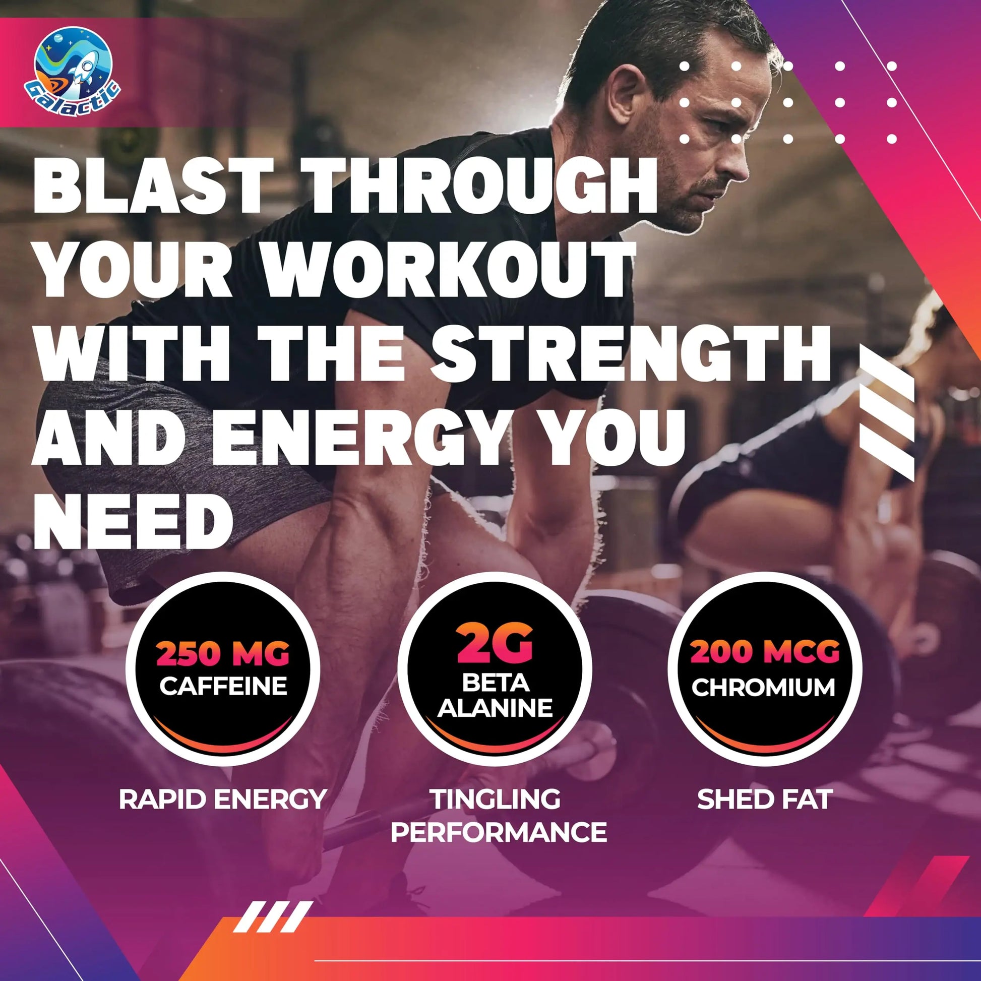 Galactic Pre-Workout Gummies, All Natural, 250mg Caffeine, Beta-Alanine, L-Citrulline Galactic