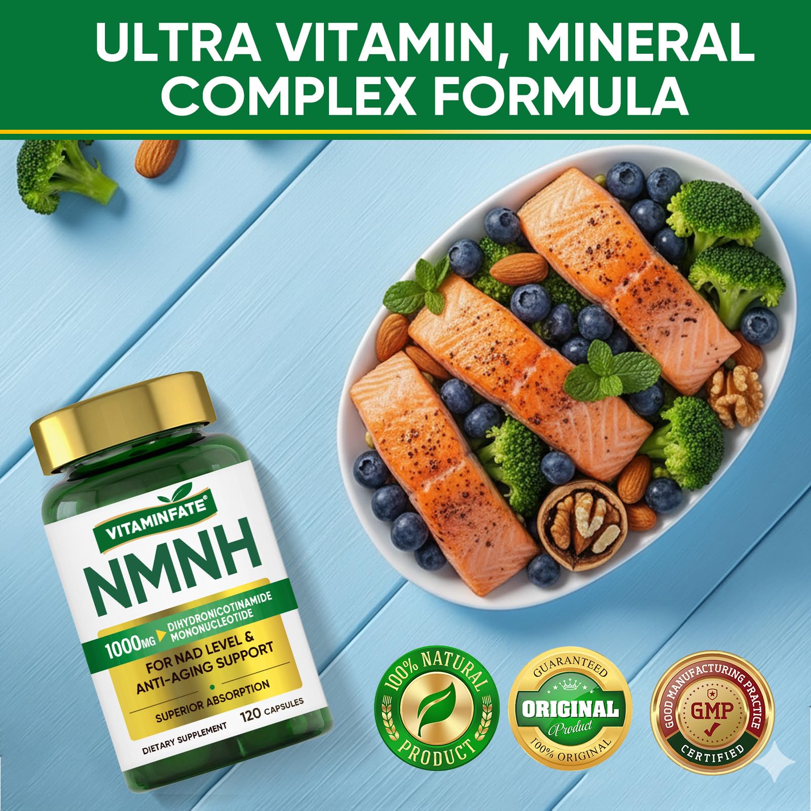 VITAMINFATE NMNH Supplement 1000 mg - 120 Capsules | NMN Alternative | Supports Anti-Aging, Cellular Energy and Repair, Metabolism & Brain Boost VITAMINFATEBuy Supplements Australia