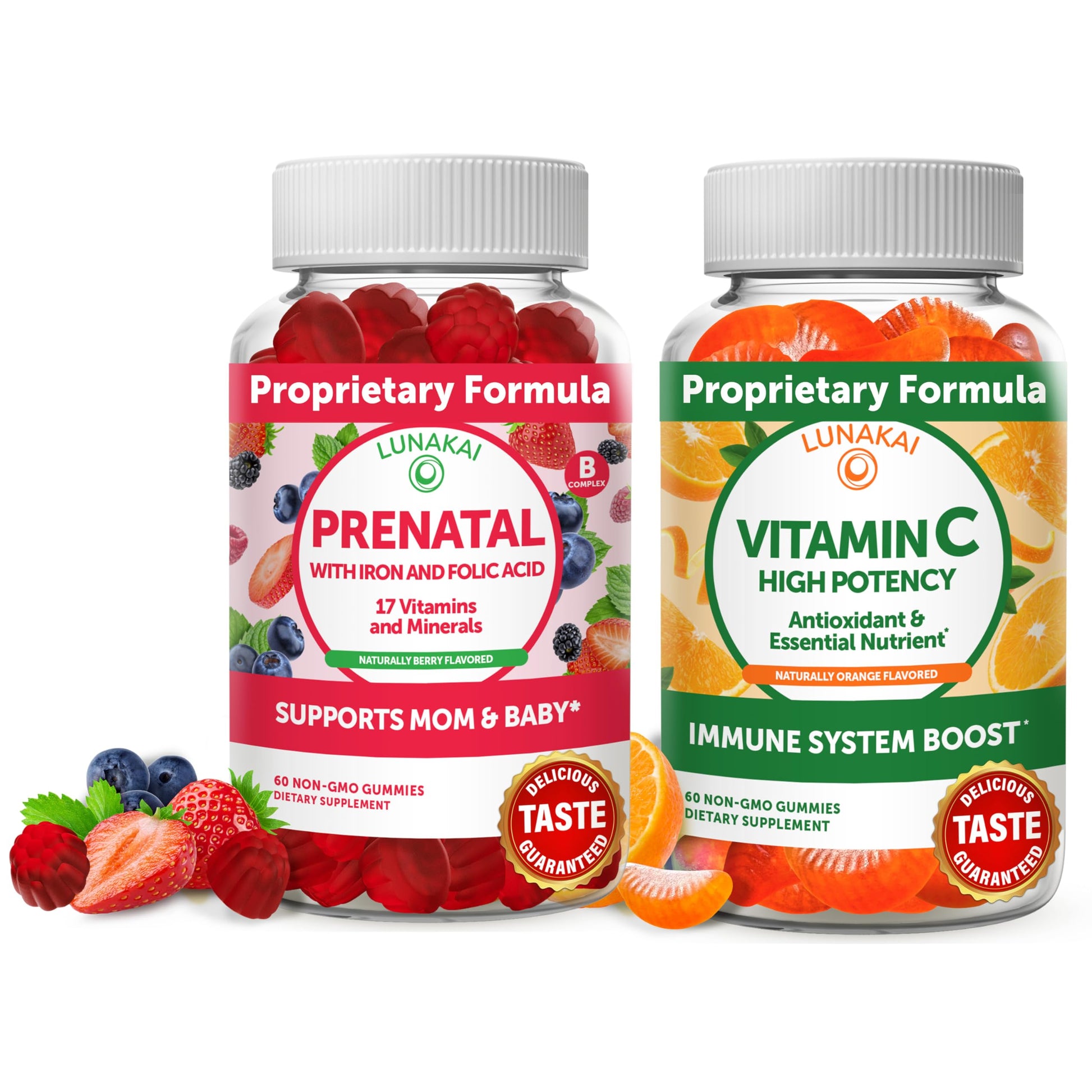 Prenatal Vitamins and Vitamin C Gummies Bundle - with Iron and Folic Acid, Chewable Multivitamin Lunakai