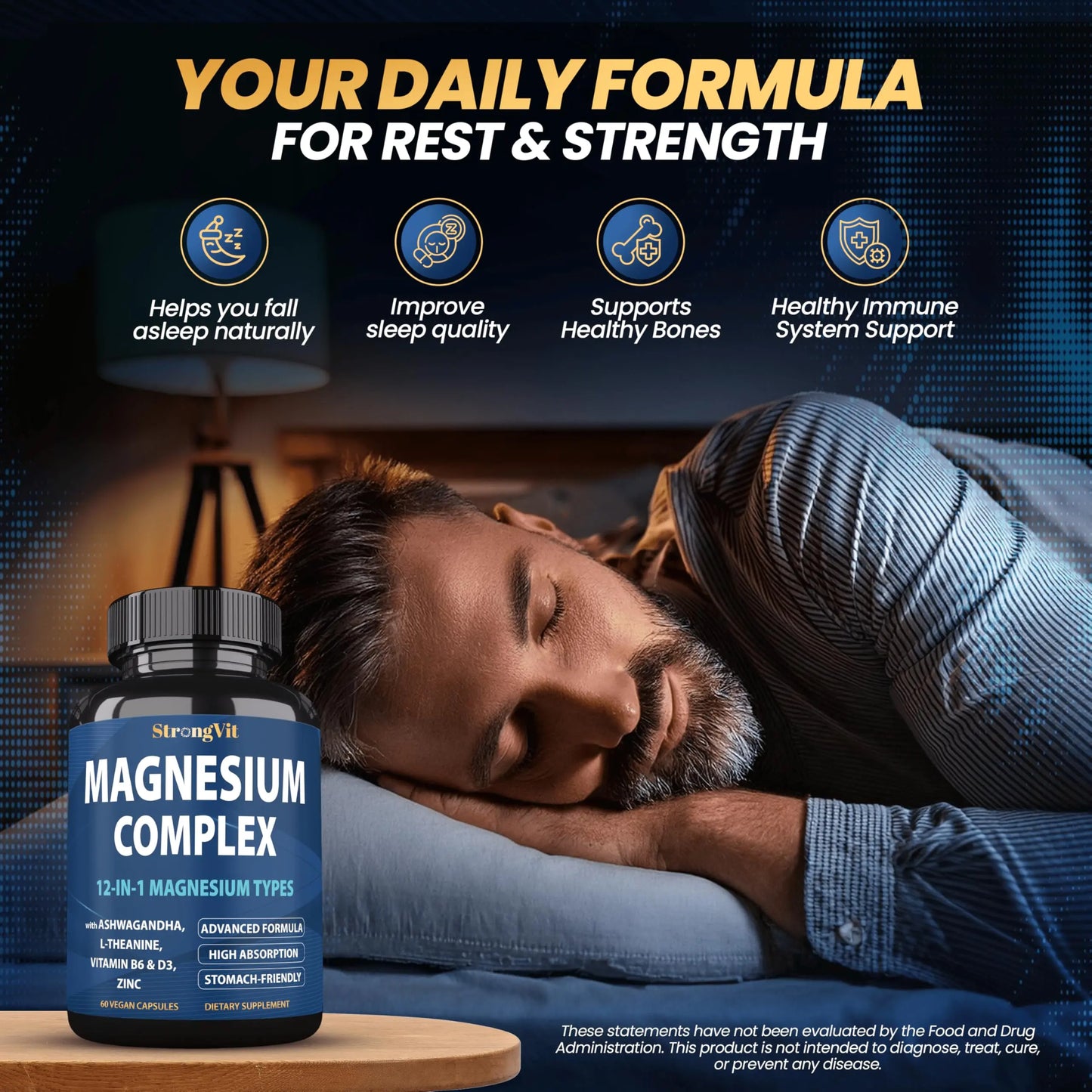1000mg Magnesium Complex for Women and Men, 12 in 1 Magnesium Supplement with Ashwagandha, Zinc, D3, L-theanine. Easy to Swallow, High Absorption, Sleep Support & Stress Relief (60 Capsules) StrongVit buy supplements Au