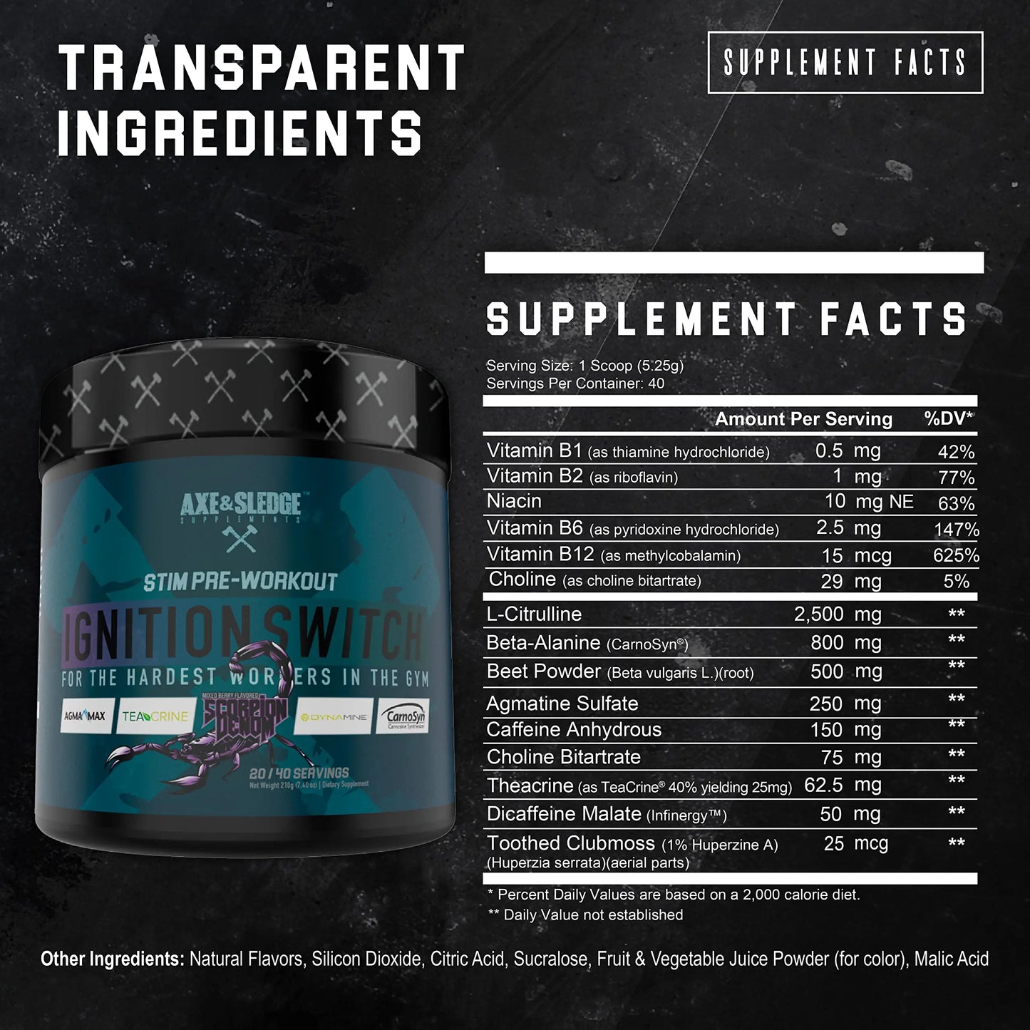 Ignition Switch Pre-Workout with CarnoSyn, TeaCrine, Infinergy, and AgmaMax, Long Lasting Axe & Sledge