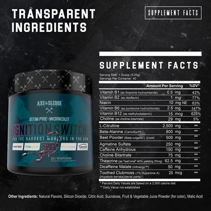 Ignition Switch Pre-Workout with CarnoSyn, TeaCrine, Infinergy, and AgmaMax, Long Lasting Axe & Sledge