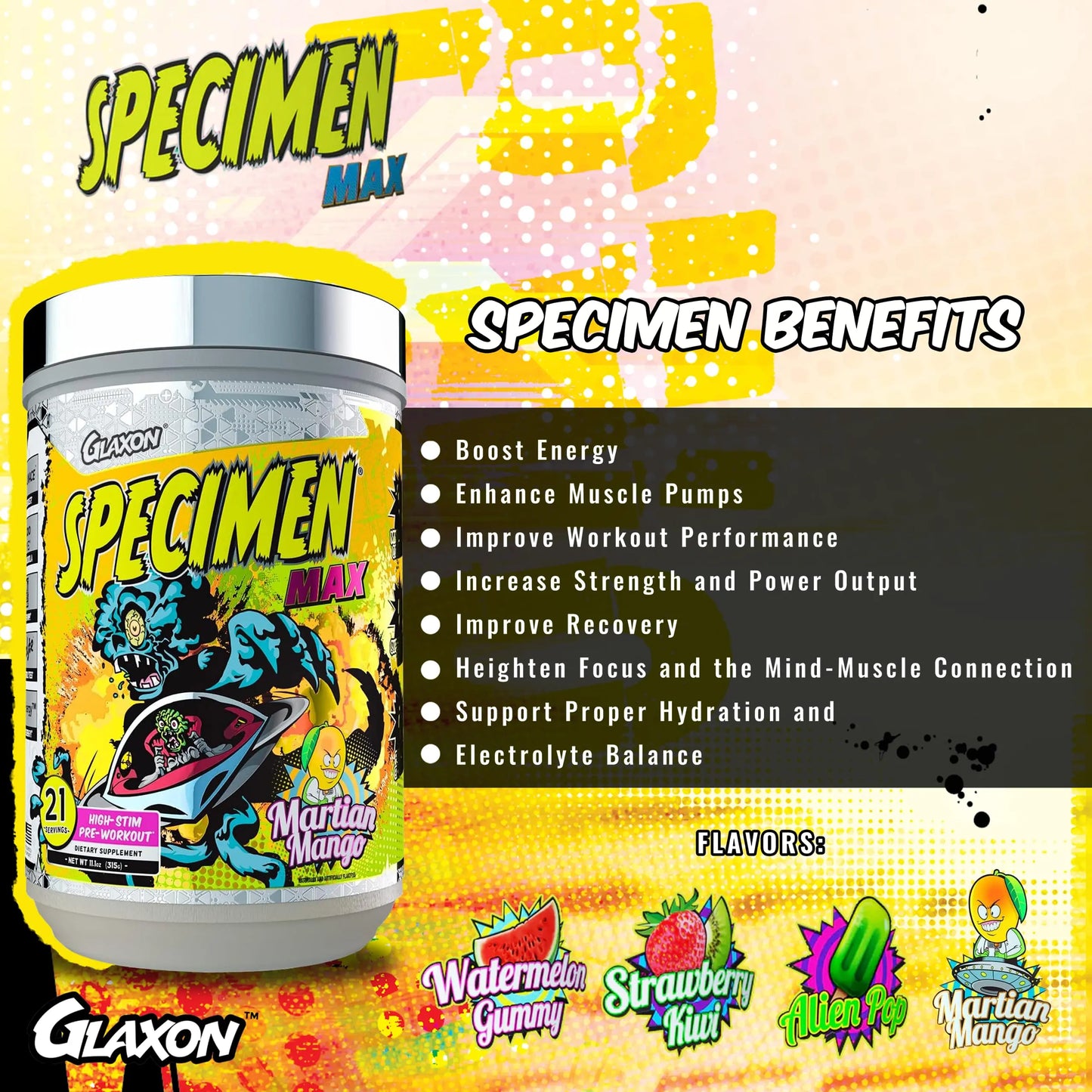 Glaxon Specimen Max High Stim Pre-Workout | 400mg Caffeine + 3200mg Beta Alanine Glaxon
