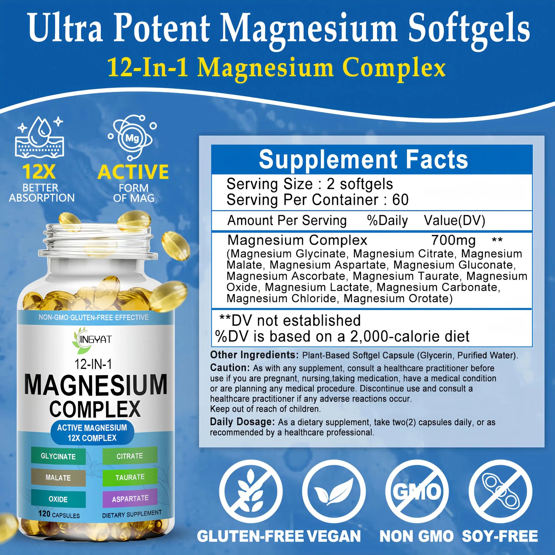 Magnesium Complex Softgels - 12-in-1 Magnesium Supplement with Glycinate,Citrate,Malate,Oxide,Taurate - High Absorption Magnesium Complex for Women & Men for Muscle, Heart, Sleep, Bone, Nerve Support JINGYAT buy supplements Au